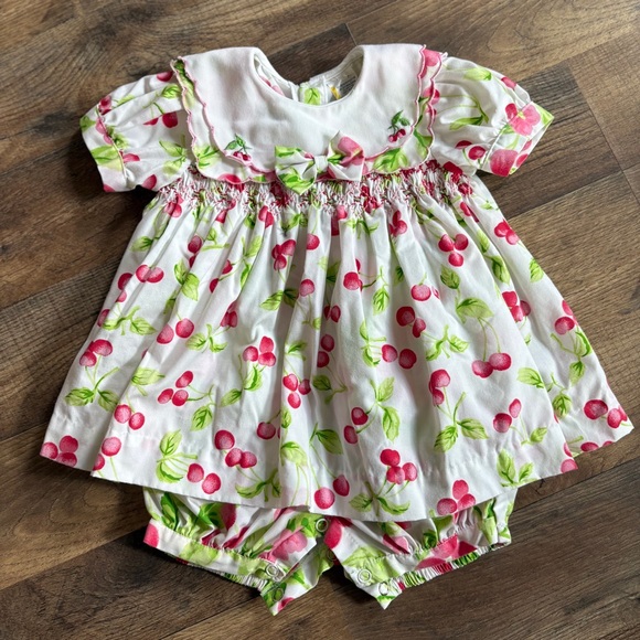 Other - Smocked Cherry Print Baby Romper Dress Scalloped Bib Collar sz 6-9 mo preworn